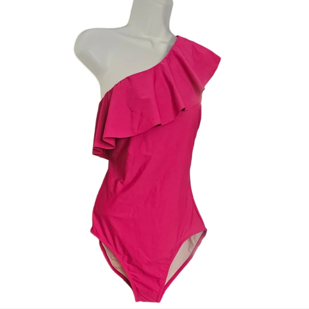 KONA SOL Women's Ruffle One Shoulder Full Coverage One Piece Swimsuit Pink L